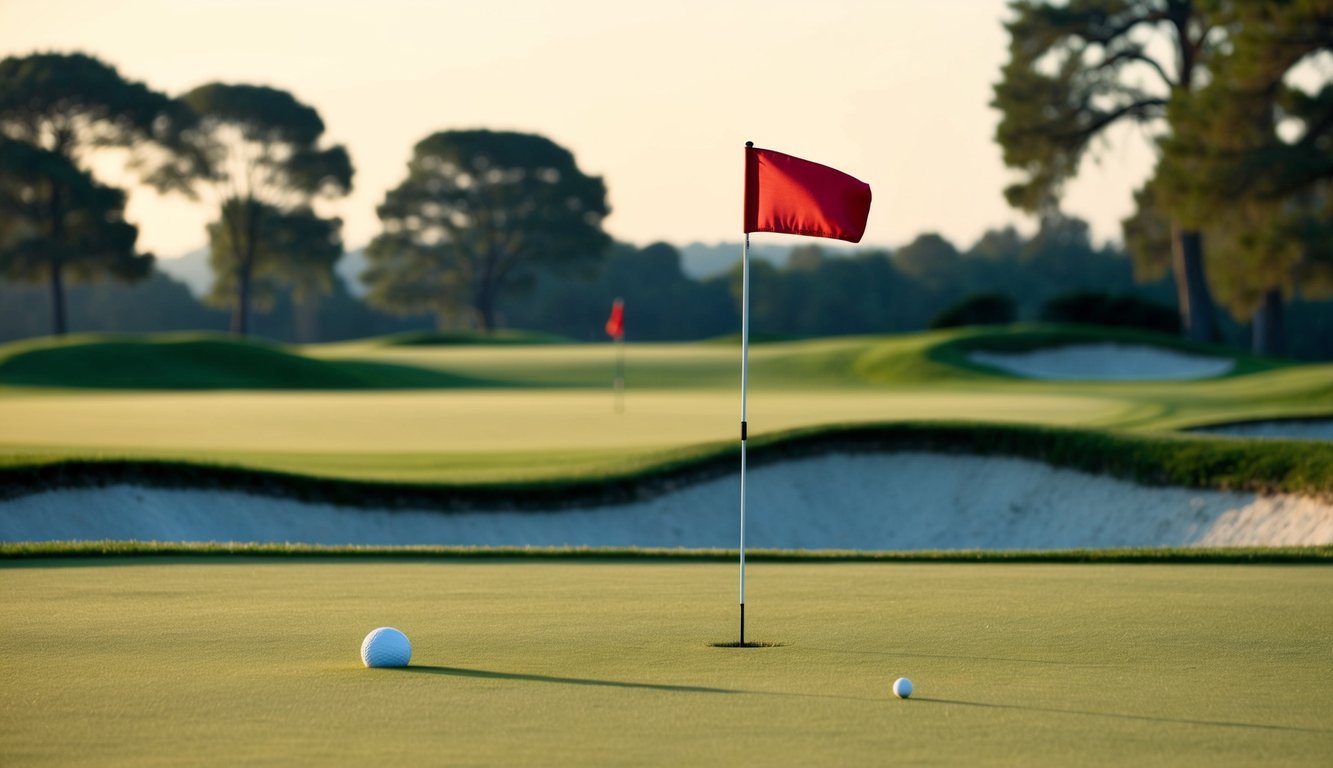 Sebuah lapangan golf dengan tiang bendera dan green yang dikelilingi oleh bunker dan pohon