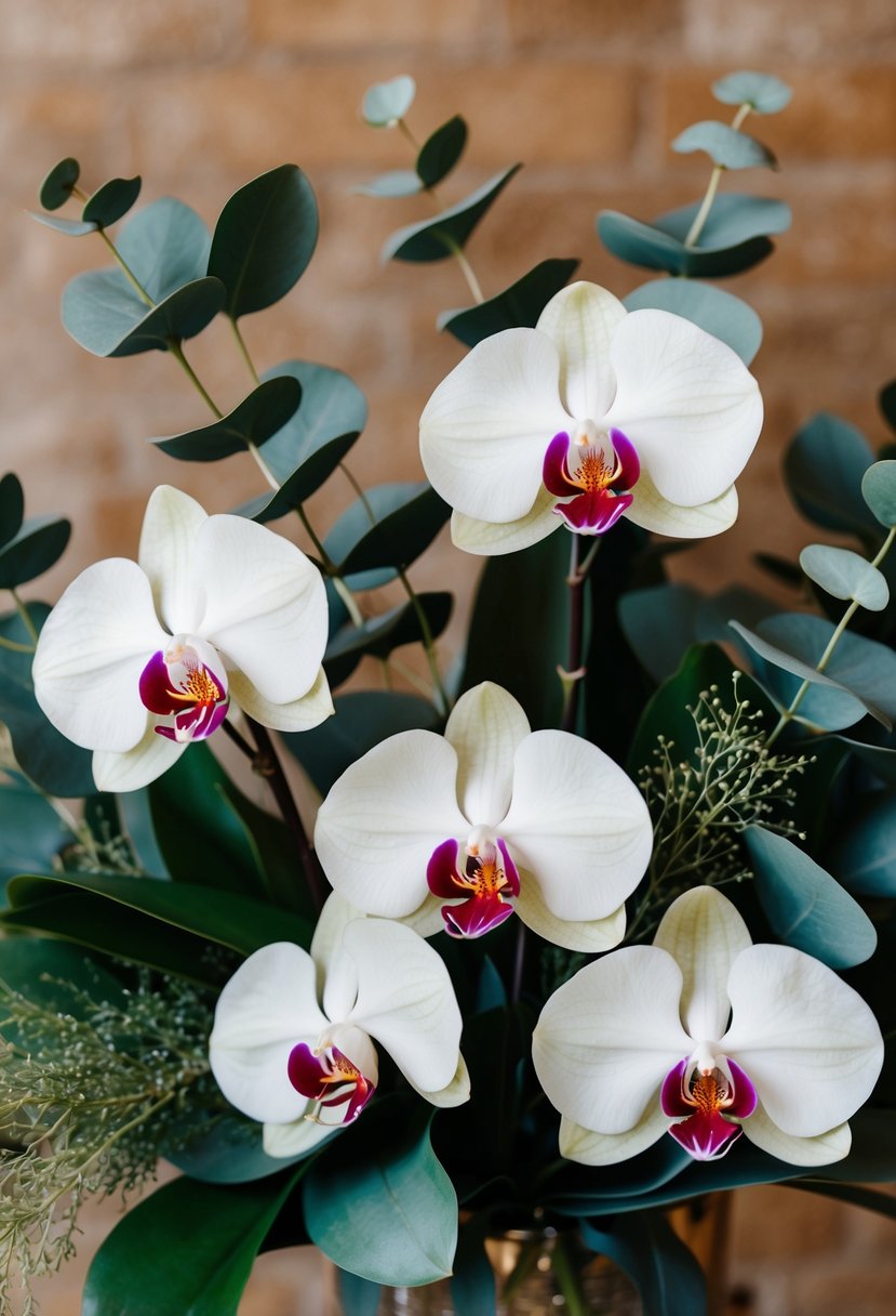 A lush orchid bouquet with delicate eucalyptus accents