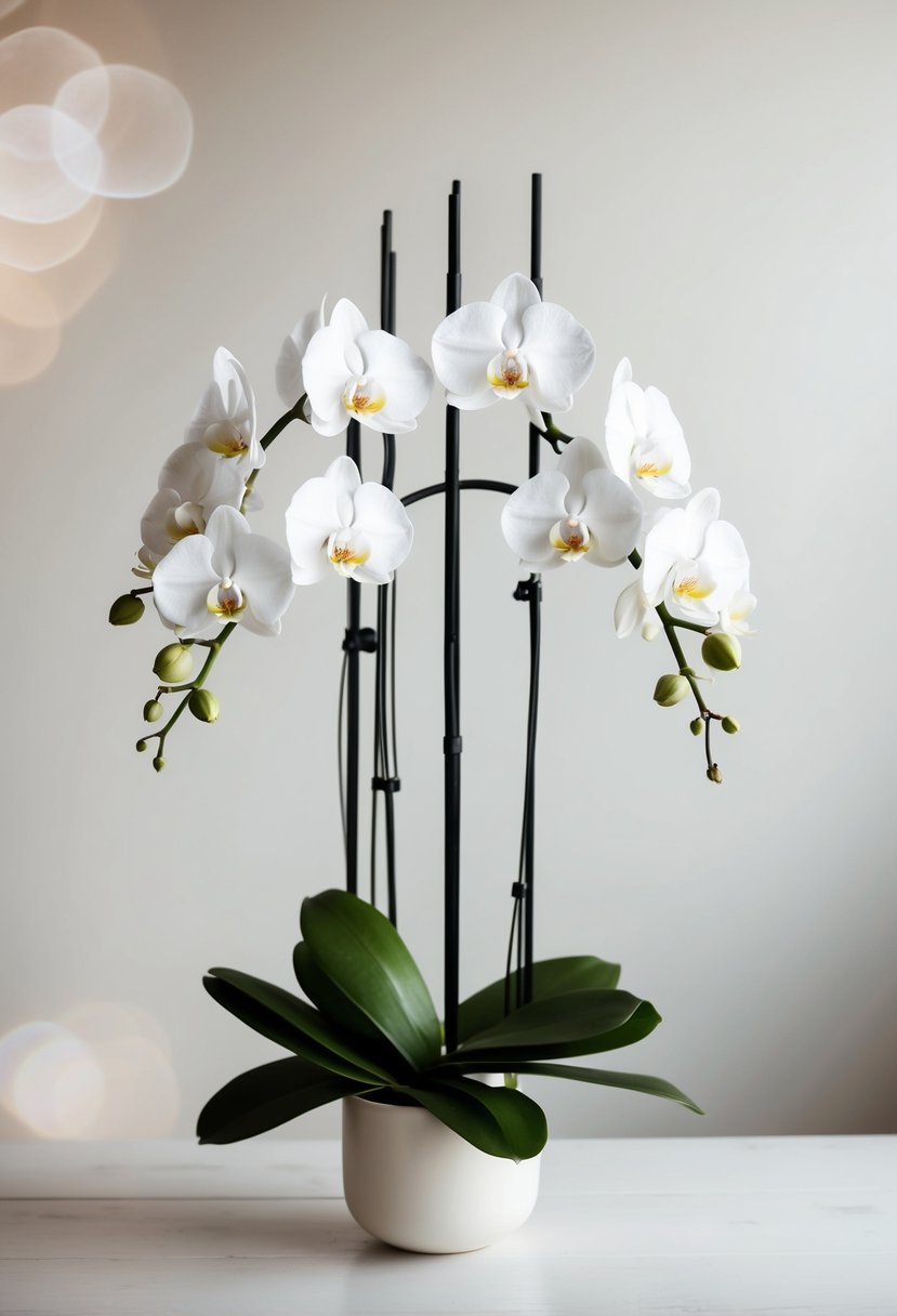 A simple, elegant white orchid bouquet arranged in a minimalist style