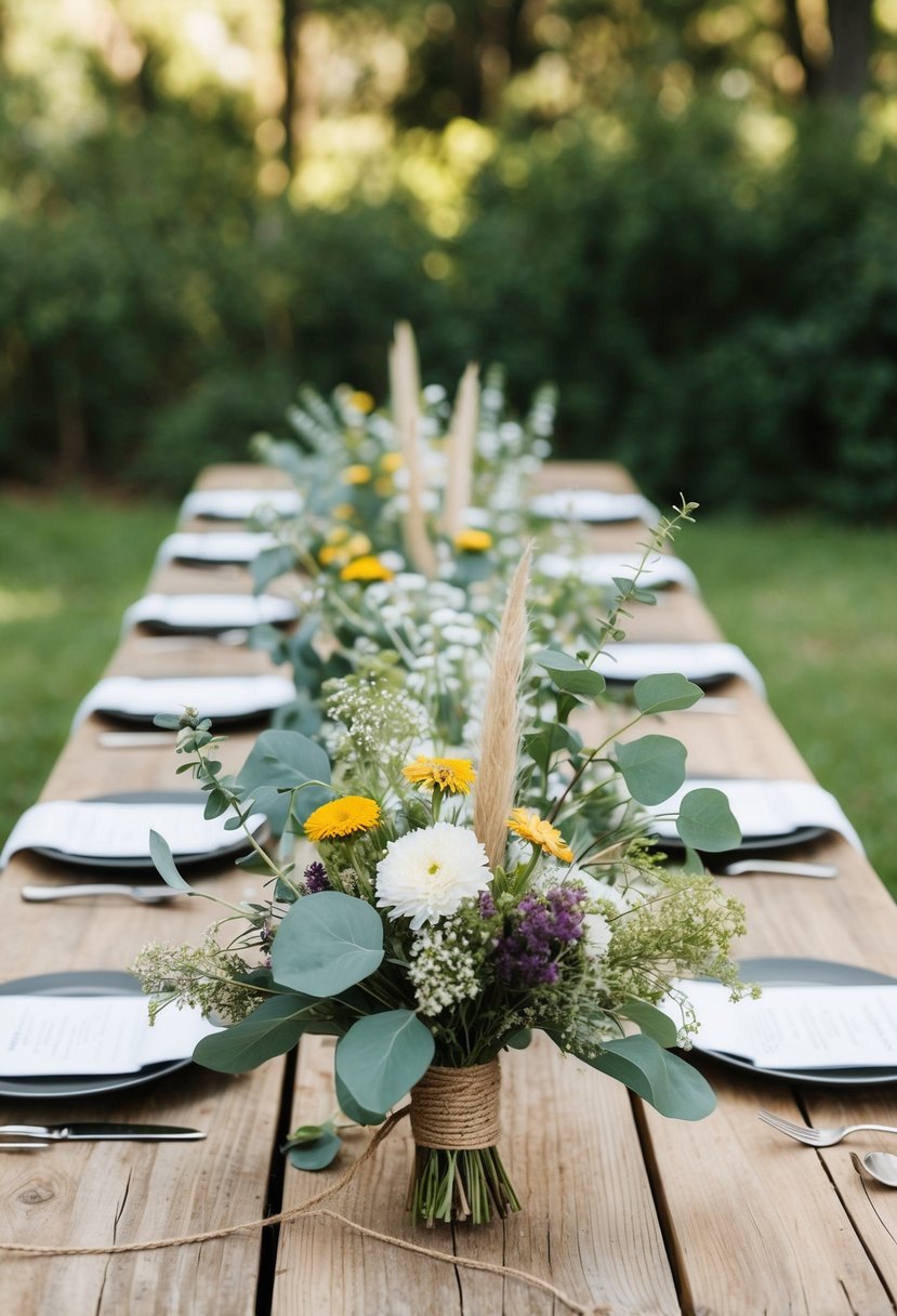 A wooden table adorned with wildflowers, eucalyptus, and twine, creating a rustic wedding bouquet centerpiece