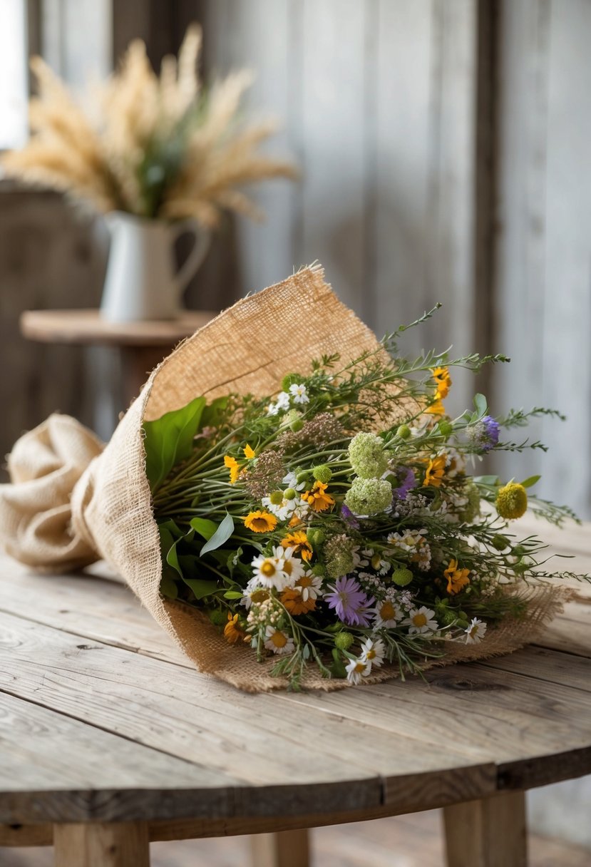 A burlap-wrapped bouquet of wildflowers sits on a wooden table, surrounded by rustic decor and soft, natural lighting