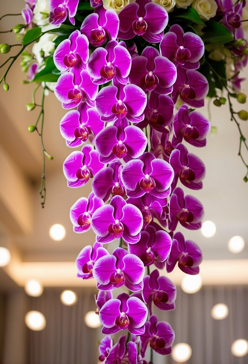 A cascading bouquet of vibrant orchids in a romantic, elegant arrangement