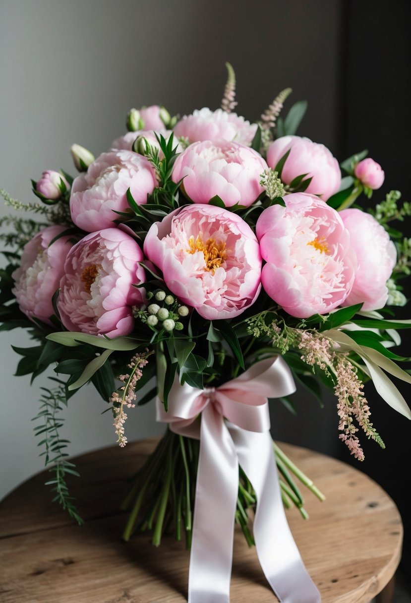 A lush bouquet of pink peonies arranged in a flowing, cascading style, accented with delicate greenery and tied with a satin ribbon