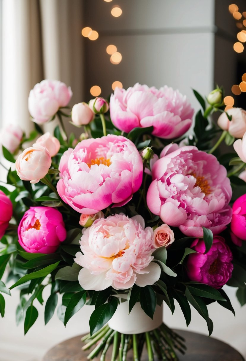 A lush bouquet of pink peonies and roses arranged in a romantic and elegant manner