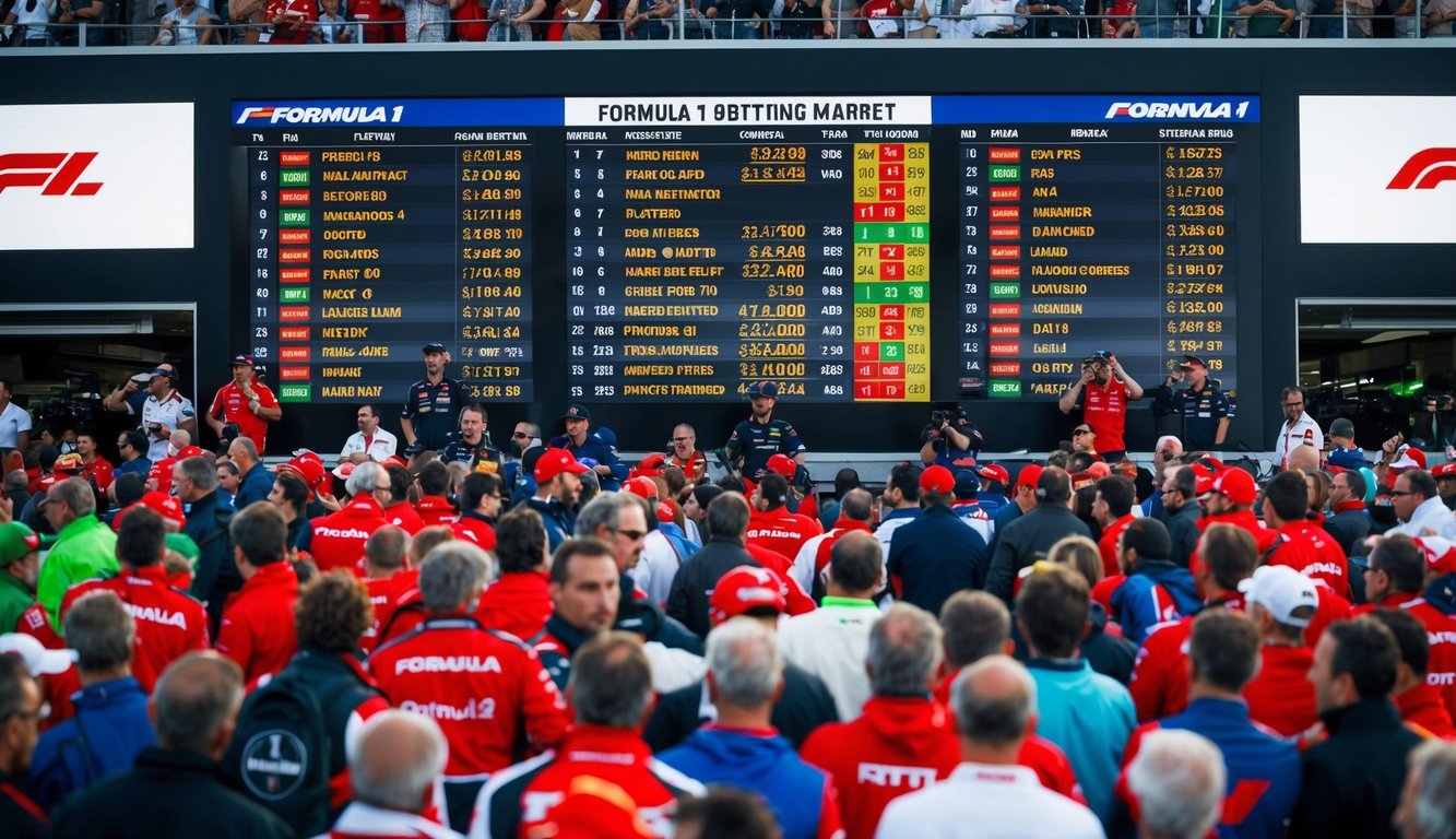 Pasar taruhan Formula 1 yang ramai dengan odds ditampilkan di papan digital besar, dikelilingi oleh penggemar dan bandar taruhan yang antusias