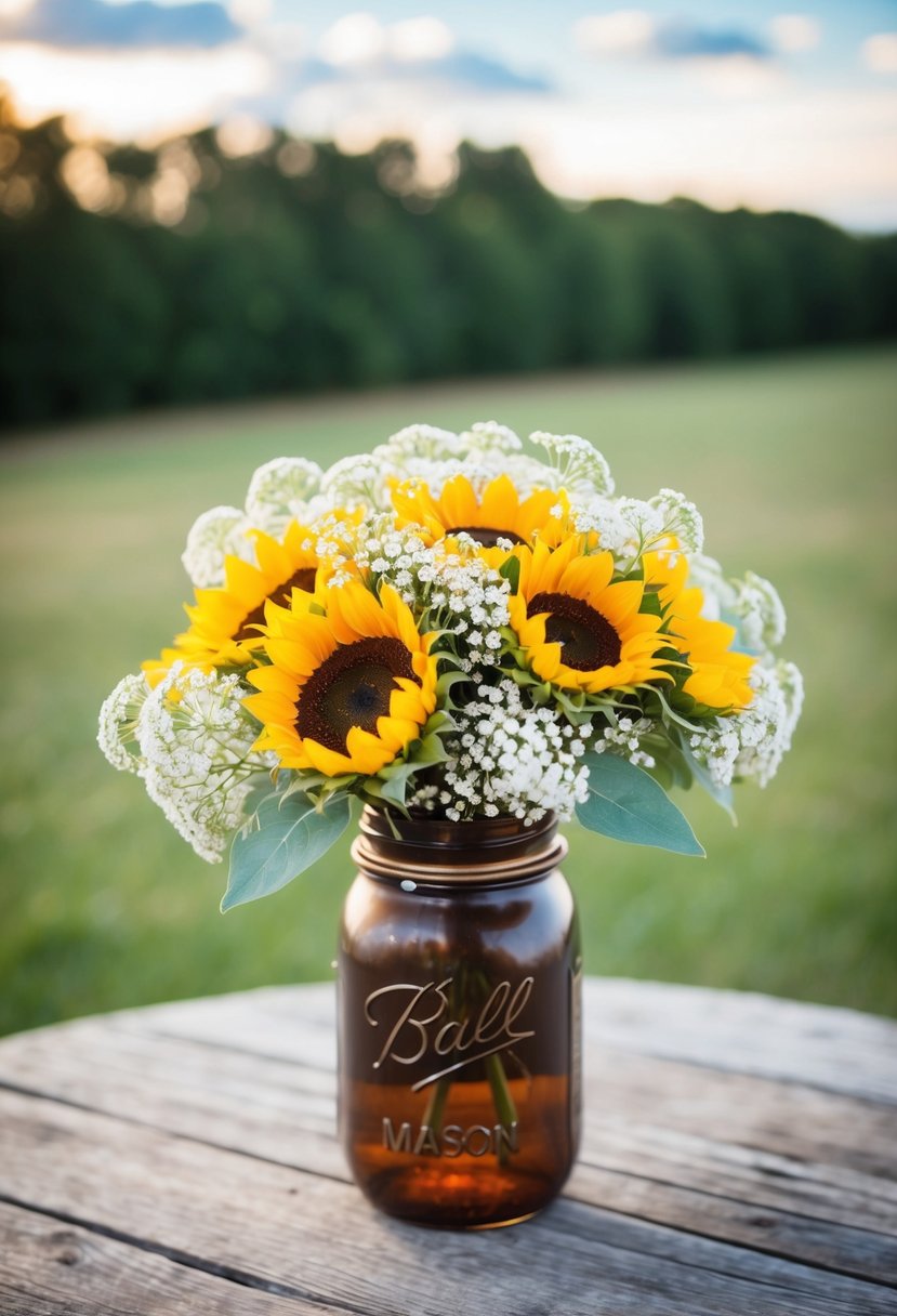 A rustic wedding bouquet with sunflowers and baby's breath arranged in a mason jar vase