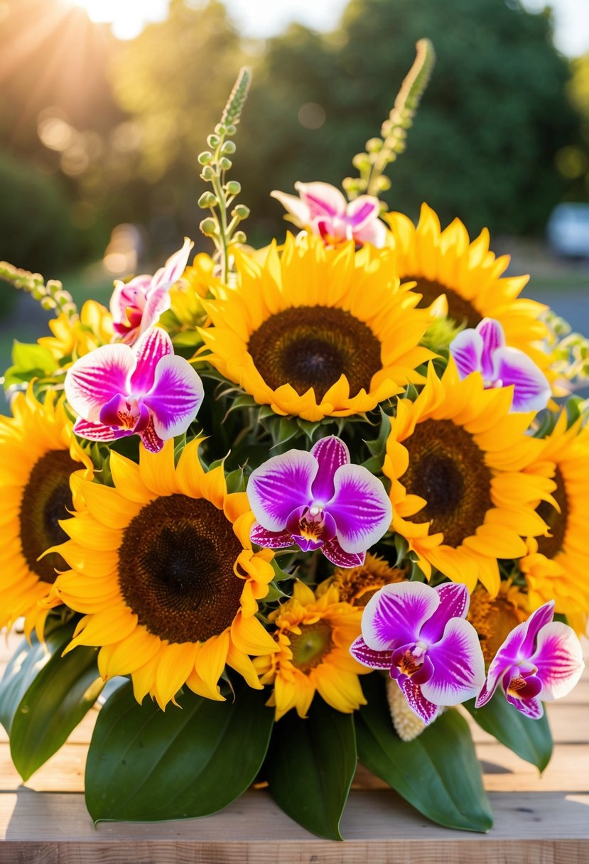 A vibrant bouquet of sunflowers and orchids, basking in the sunlight