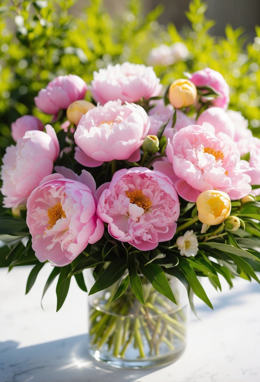 A lush bouquet of pink peonies with delicate blush and yellow accents, set against a backdrop of fresh greenery and bright spring sunlight