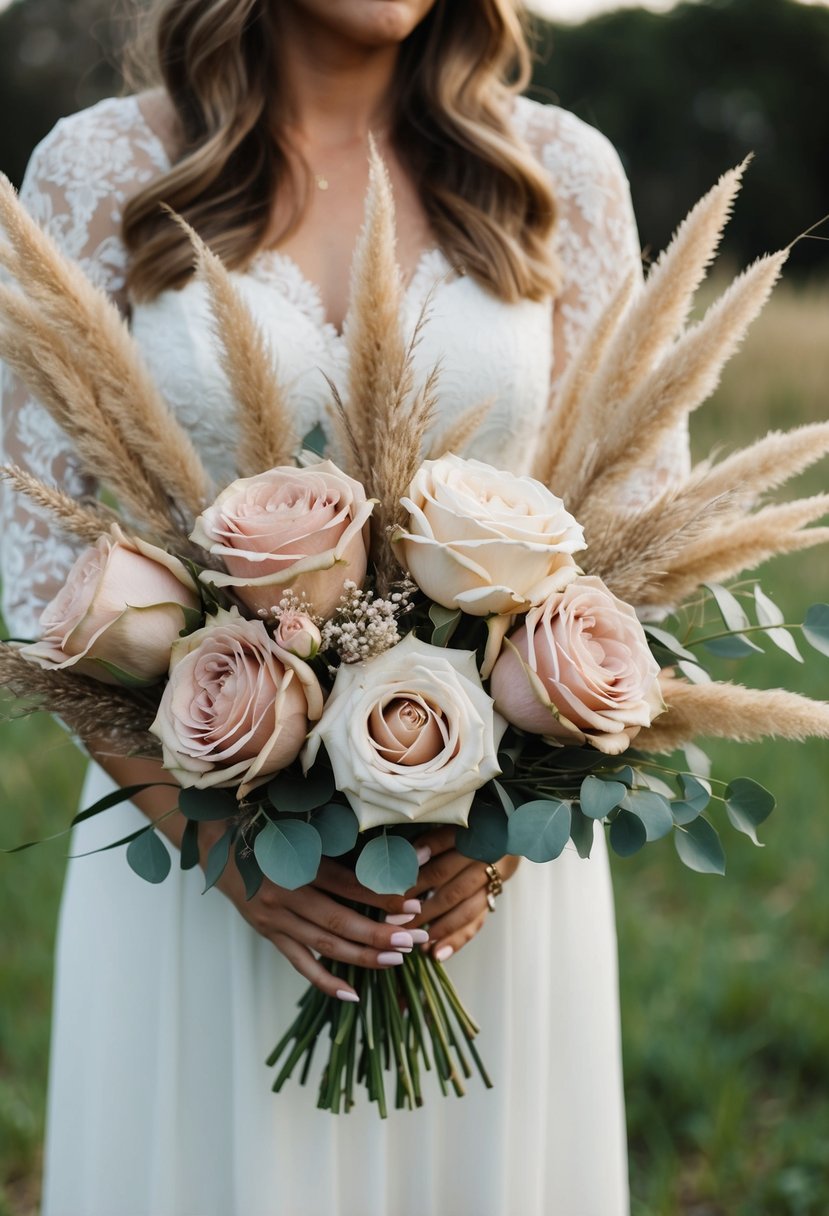 A rustic wedding bouquet featuring blush and beige roses intertwined with pampas grass