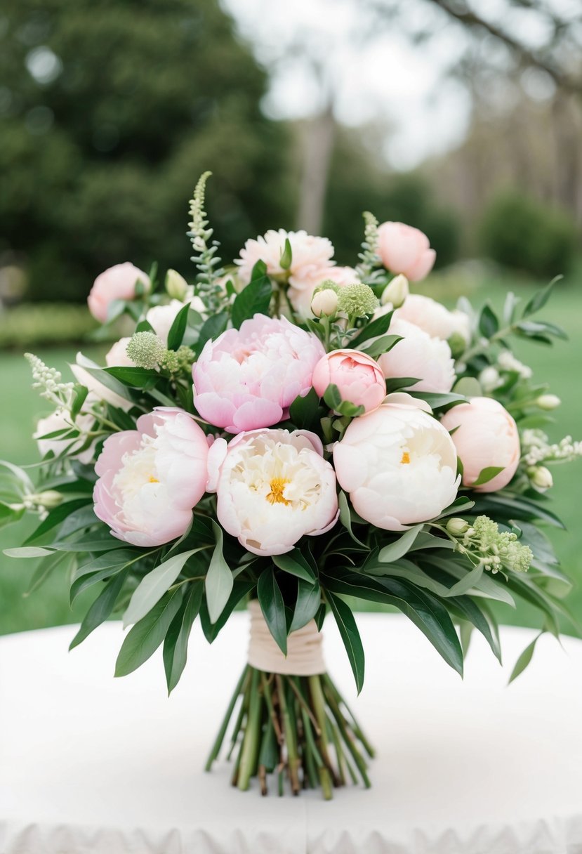 A lush bouquet of mixed pastel peonies and greenery, perfect for a romantic wedding setting