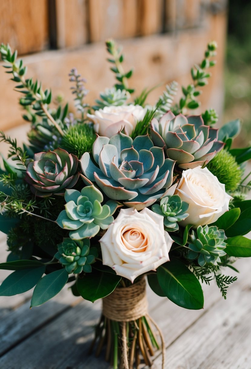 A rustic wedding bouquet featuring succulents and roses, arranged in a loose and natural style with greenery and twine accents