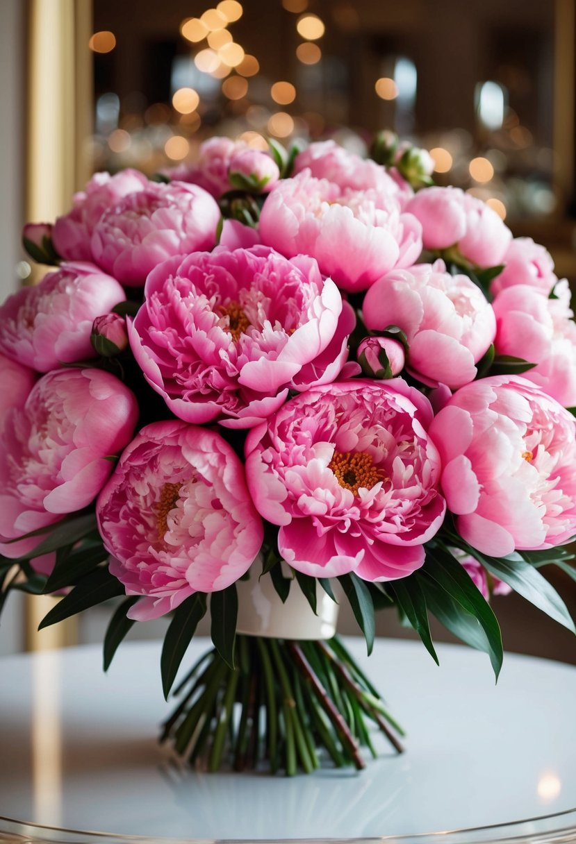 A lavish arrangement of pink peonies in a glamorous wedding bouquet