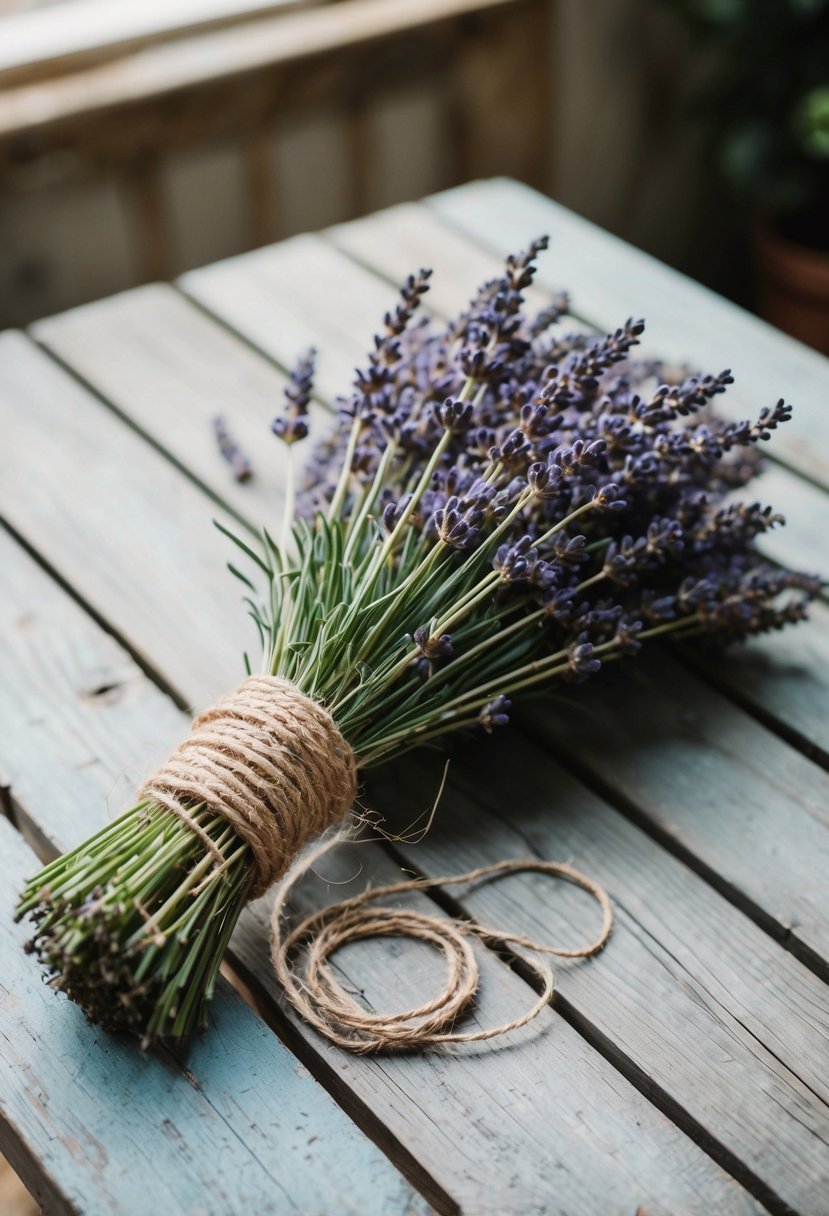 A bouquet of lavender and rustic twine sits on a weathered wooden table, surrounded by soft natural light