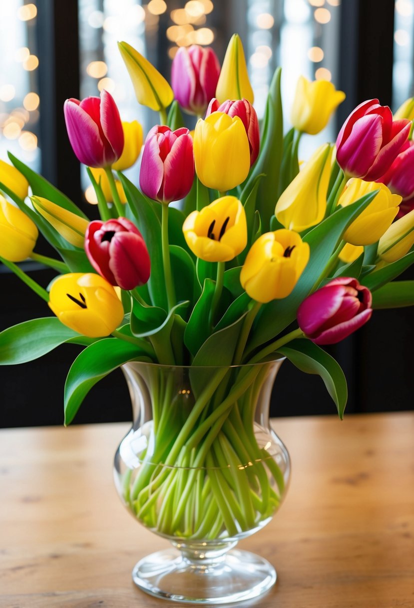 A vibrant bouquet of tulips and calla lilies arranged in a glass vase