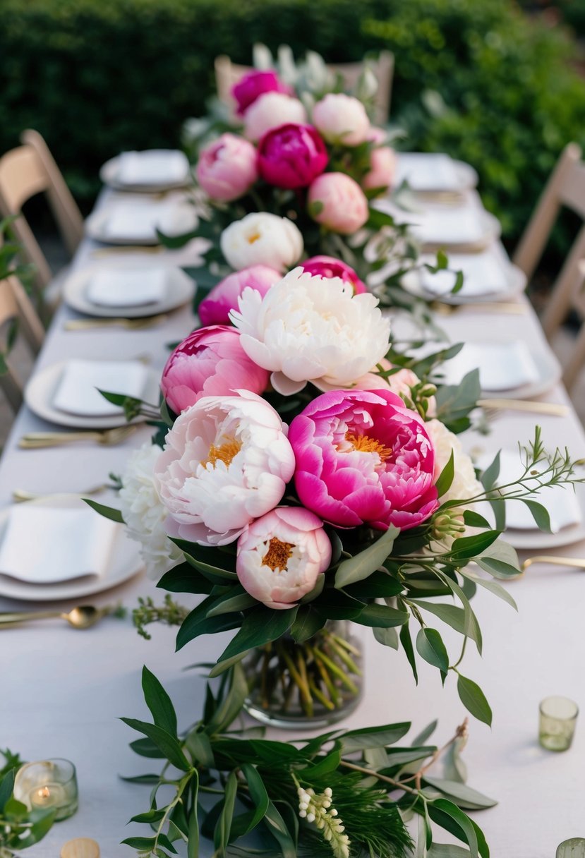 A table with various shades of pink and white peonies arranged in a bouquet, surrounded by greenery and floral tools