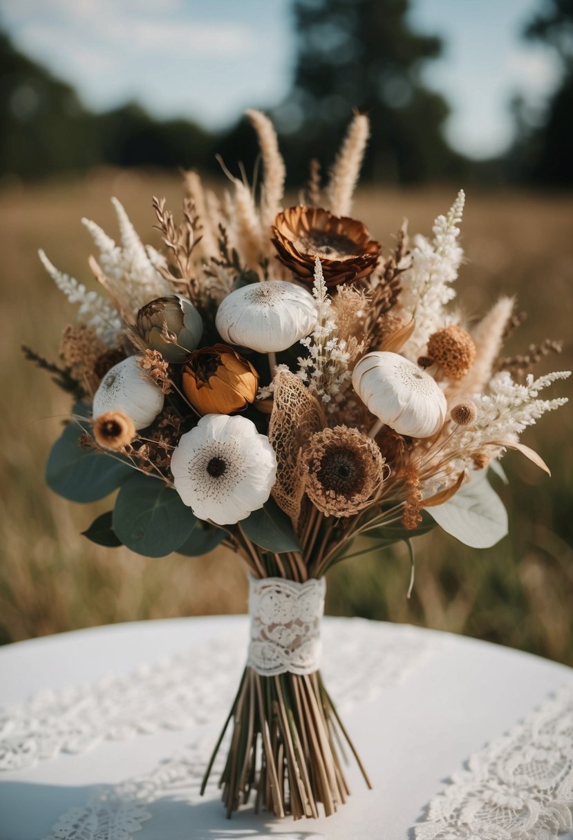 A rustic wedding bouquet with dried flowers and lace