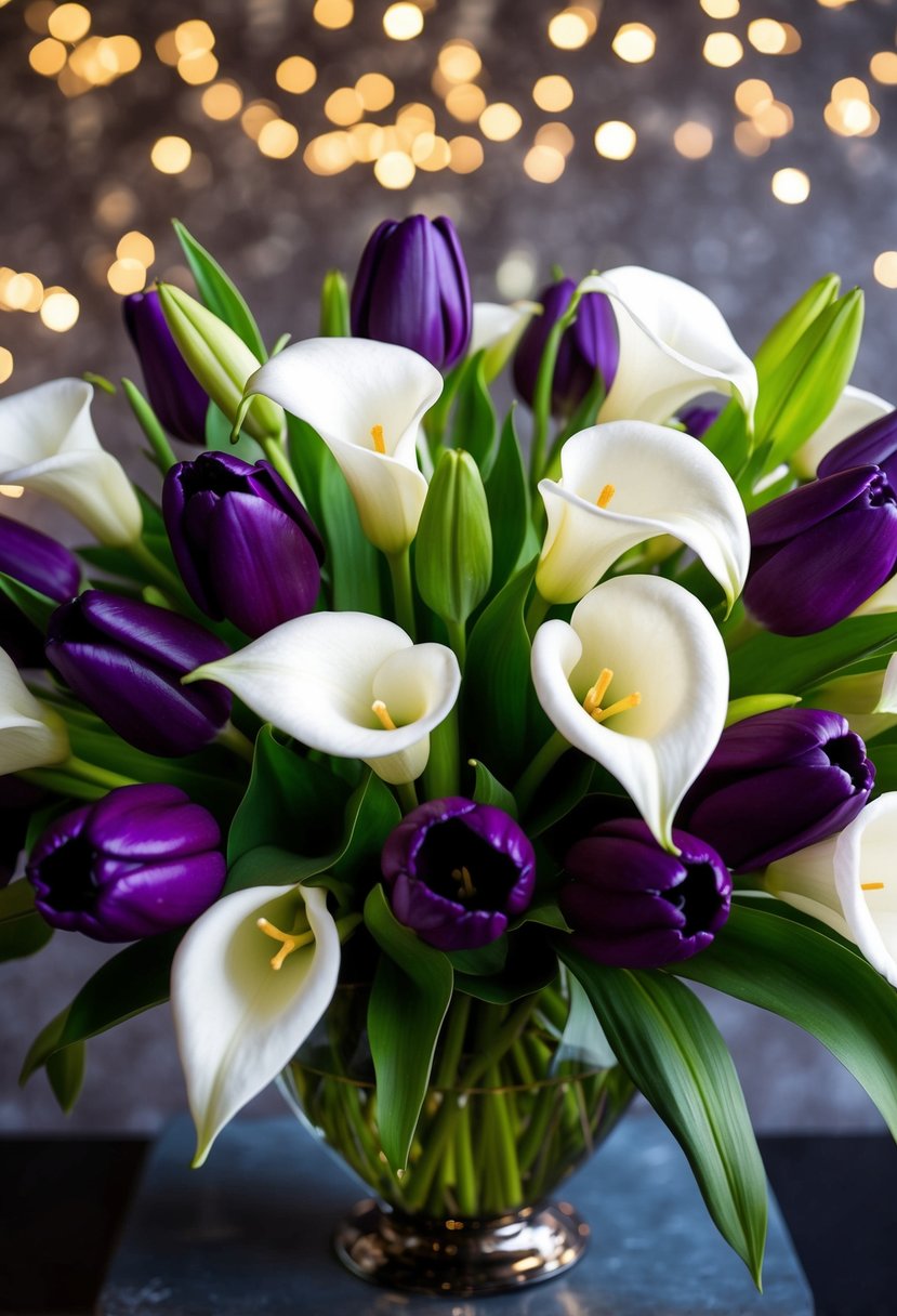 A lush bouquet of white calla lilies and deep purple tulips arranged in a royal contrast