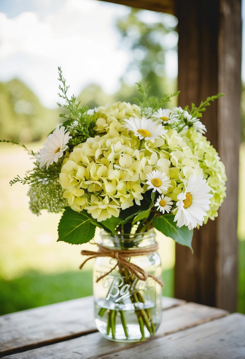 A rustic wedding bouquet featuring hydrangeas and daisies, tied with twine and displayed in a vintage mason jar