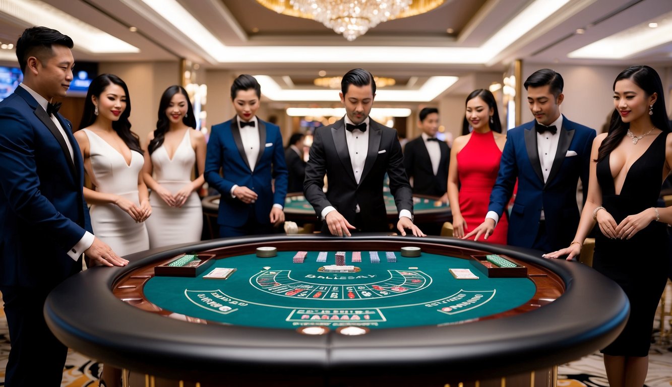 Sebuah meja kasino mewah dengan pengaturan baccarat yang ramping, dikelilingi oleh pemain yang elegan dan berpakaian rapi serta suasana yang sofistikated