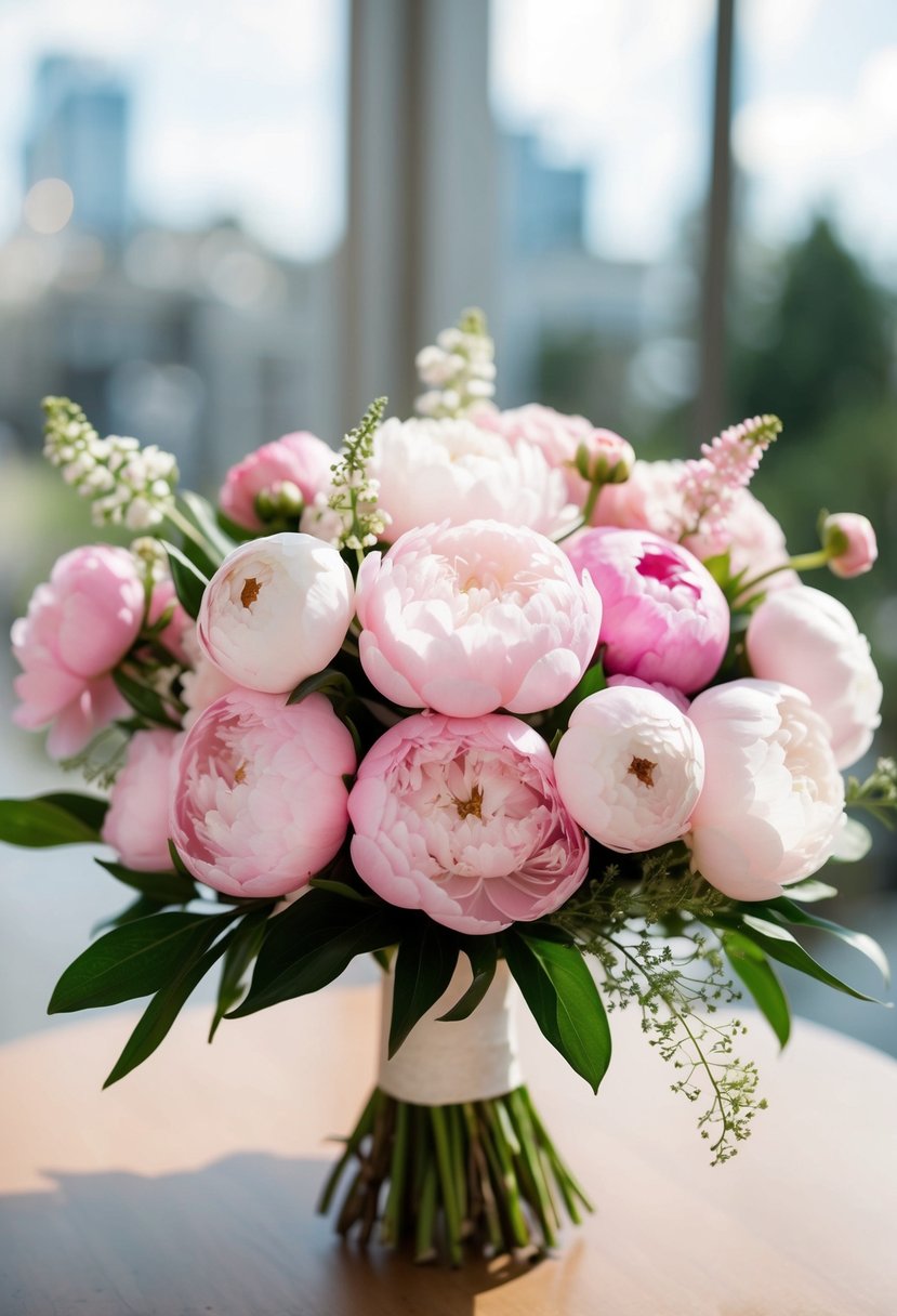 A bouquet of soft pink peonies and ranunculus, arranged in a delicate and elegant wedding bouquet