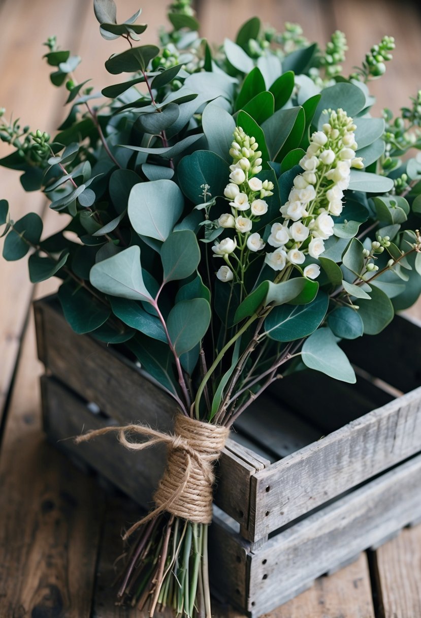 A lush bouquet of eucalyptus and jasmine tied with twine, nestled in a weathered wooden crate