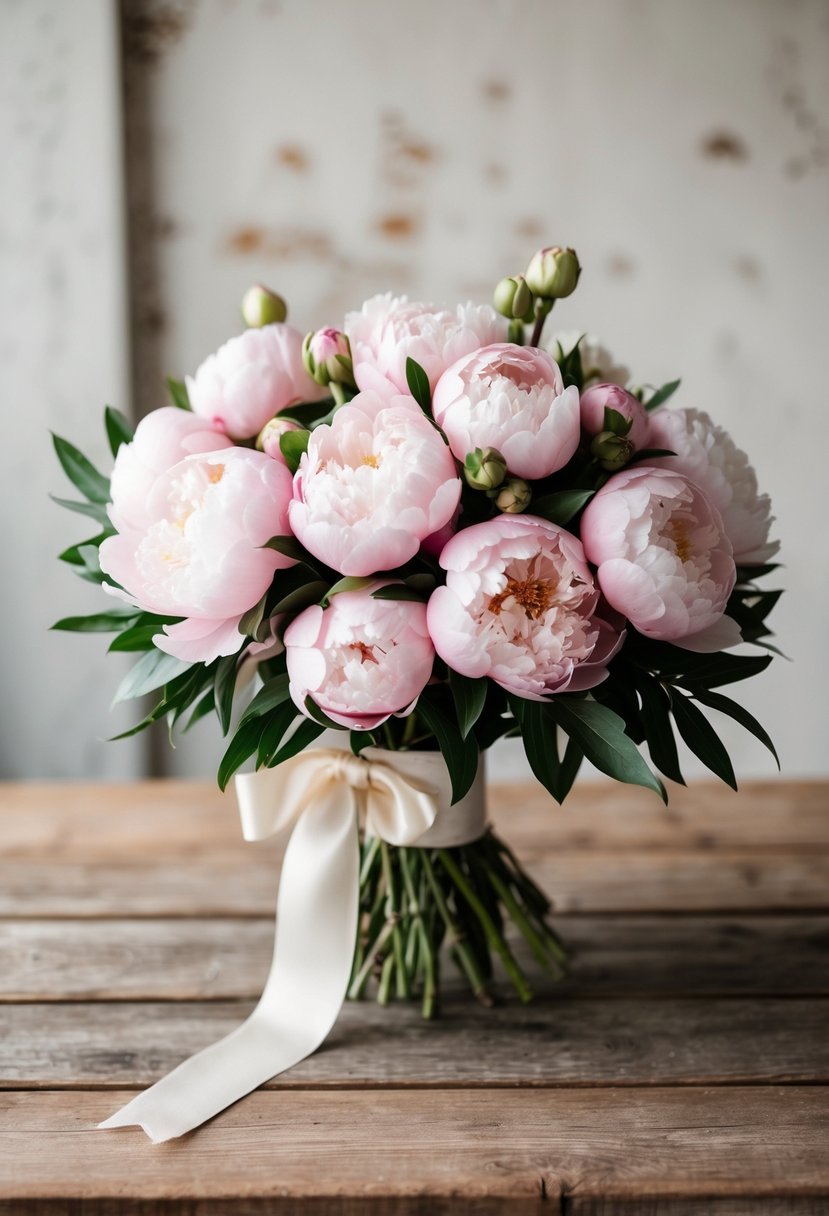 A rustic wooden table adorned with a lush bouquet of pastel pink peonies, tied with a delicate ivory ribbon