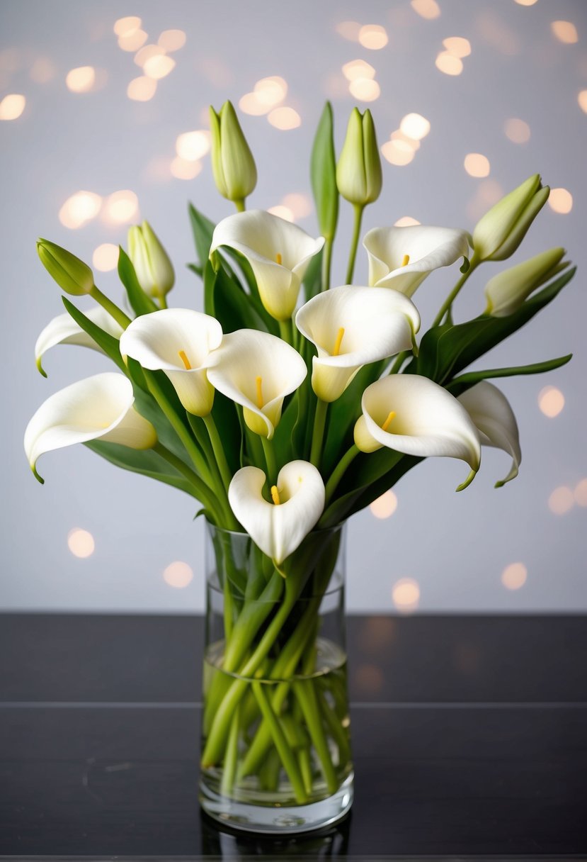 A simple bouquet of white calla lilies and tulips arranged in a glass vase