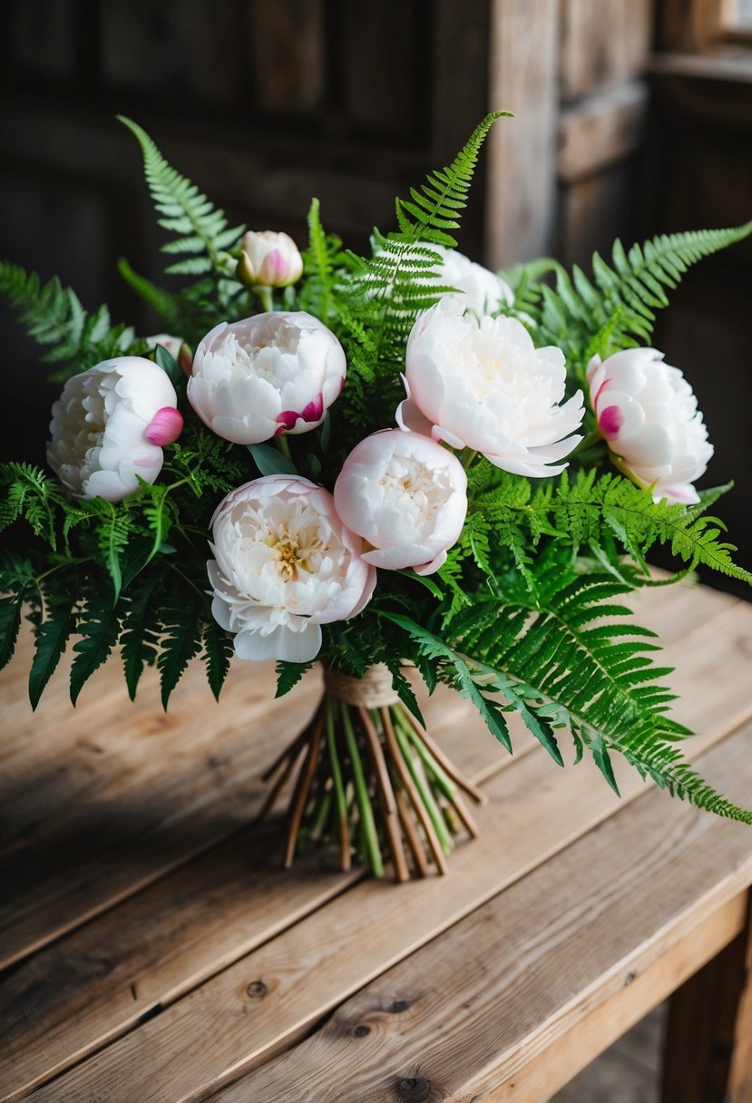 A wooden table holds a bouquet of peonies and ferns in a rustic setting