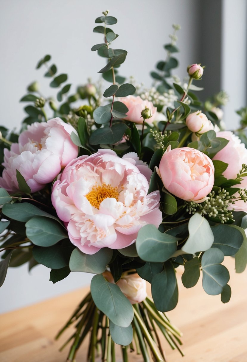 A lush bouquet of pink peonies, eucalyptus, and spray roses