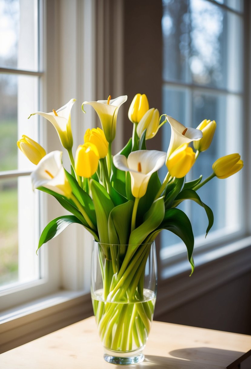 A bouquet of mini calla lilies and yellow tulips arranged in a glass vase, with soft natural light streaming in from a nearby window