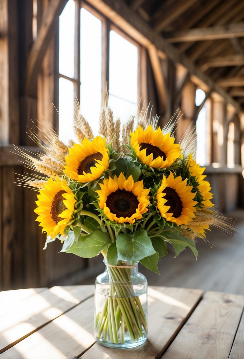 A sunflower and wheat bouquet sits in a rustic barn setting, with wooden beams and soft sunlight streaming in