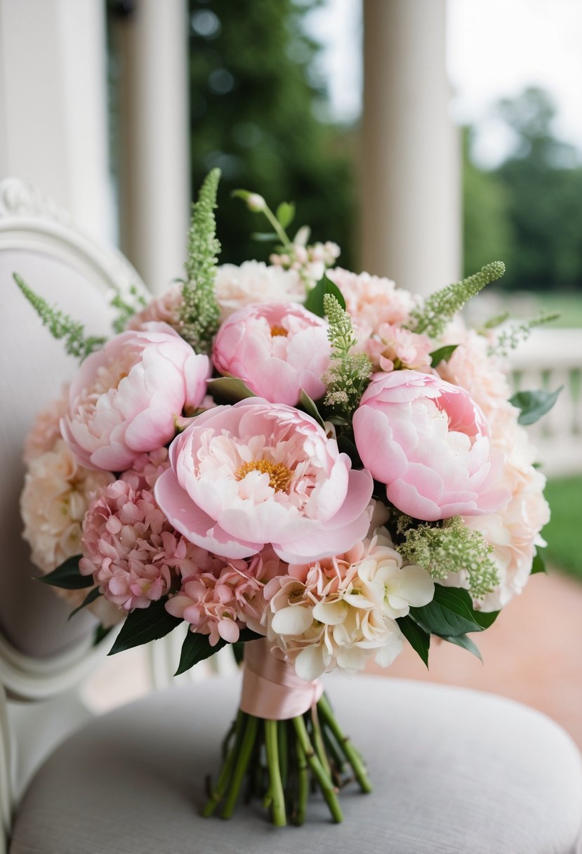 A lush bouquet of delicate pink peonies and hydrangeas, arranged in a romantic and elegant wedding bouquet