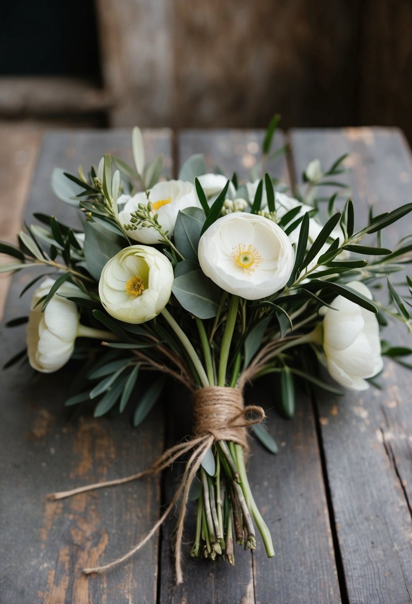 A rustic wedding bouquet featuring ranunculus and olive branches, tied with twine and laid on a weathered wooden table