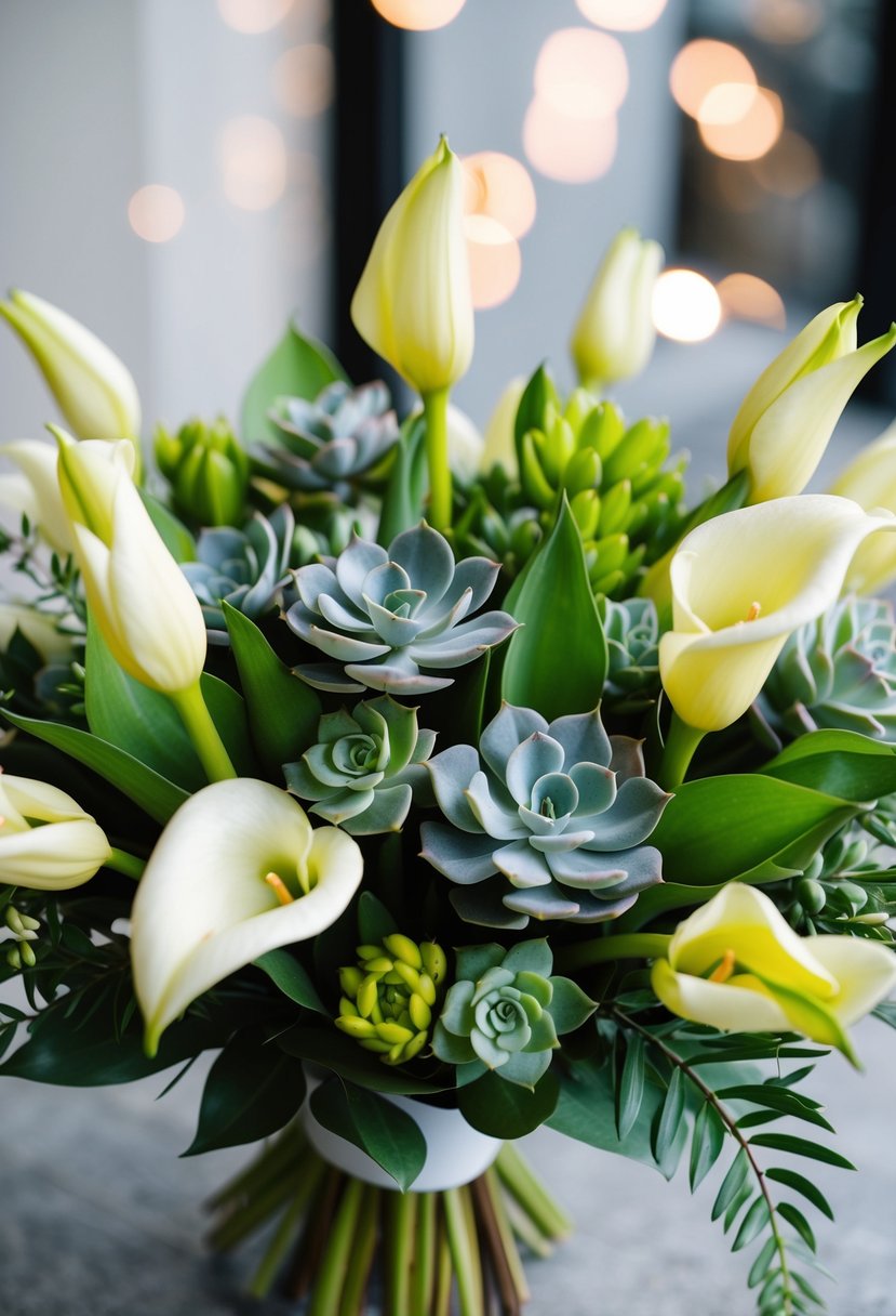 Succulents, calla lilies, and tulips arranged in a modern wedding bouquet