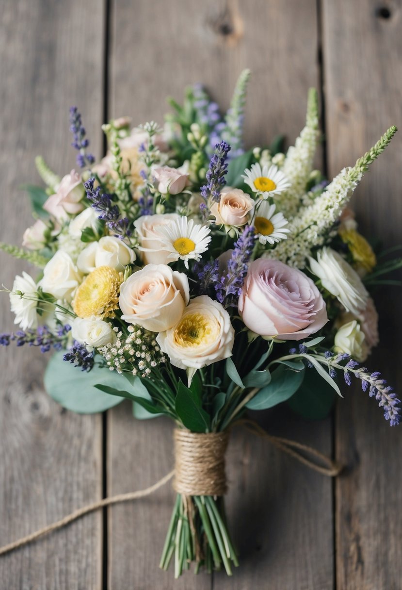 A rustic wedding bouquet filled with soft pastel wildflowers, including delicate roses, daisies, and lavender, tied together with twine