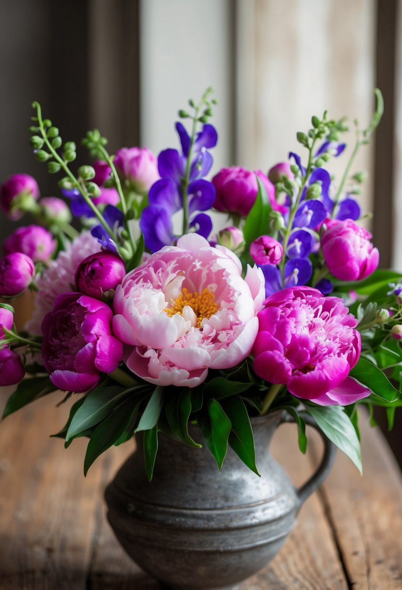 A lush bouquet of pink peonies and purple sweet peas arranged in a rustic vase