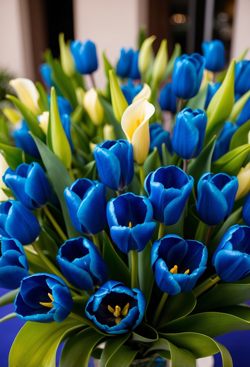 Vibrant blue tulips and calla lilies arranged in a wedding bouquet, creating a striking and unique pop of color