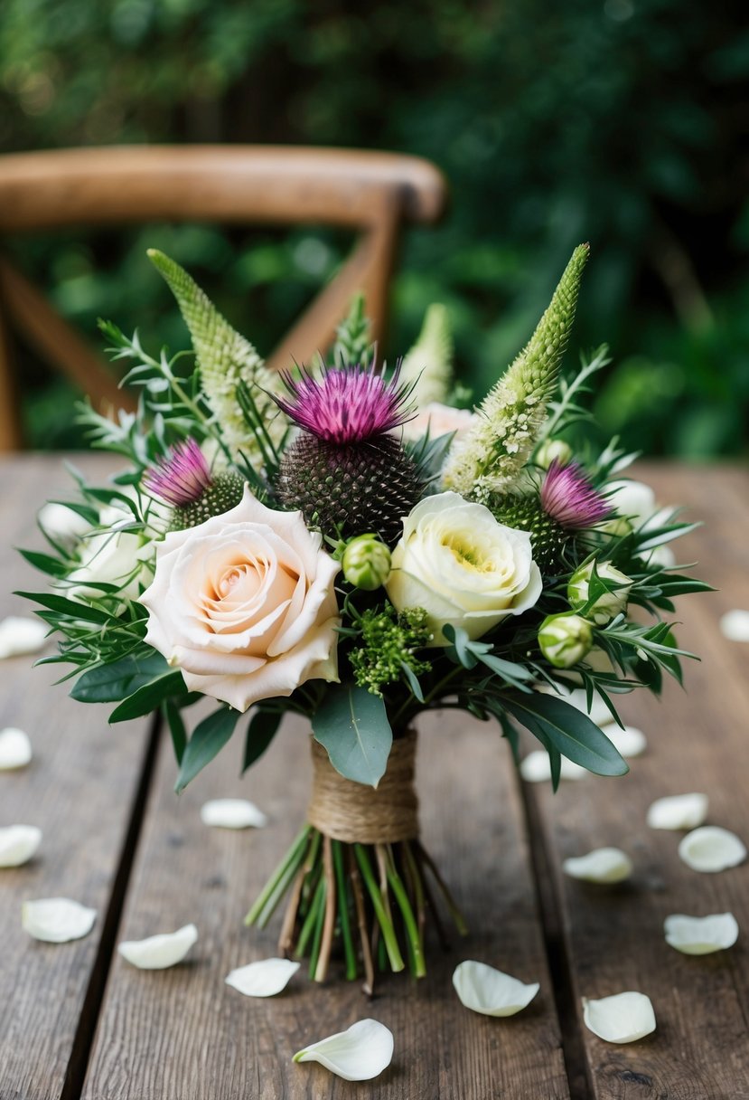 A wooden table with a rustic wedding bouquet featuring thistle and lisianthus, surrounded by scattered petals and greenery