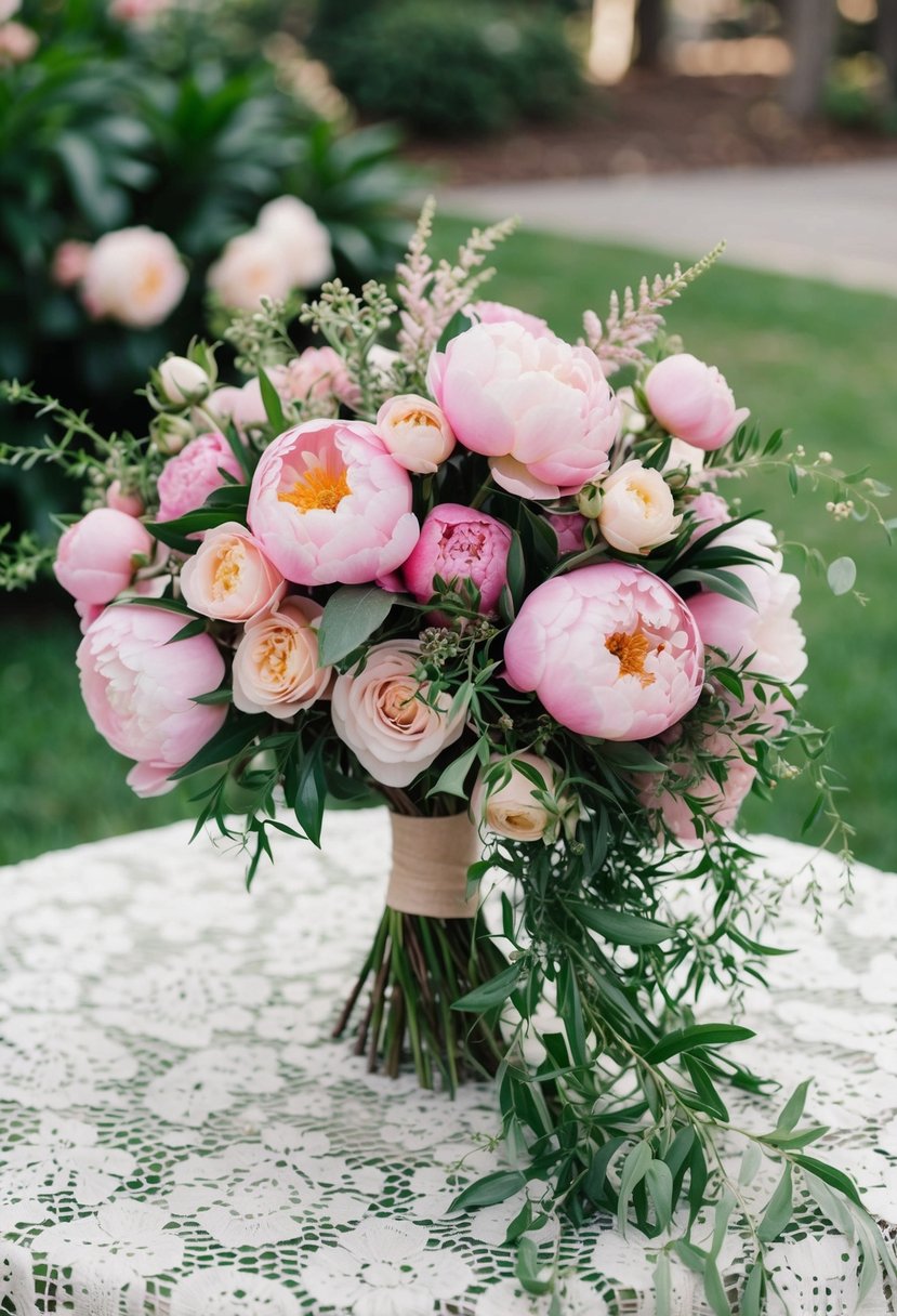 A lush bouquet of cascading pink peonies and roses, intertwined with delicate greenery, sits atop a vintage lace tablecloth