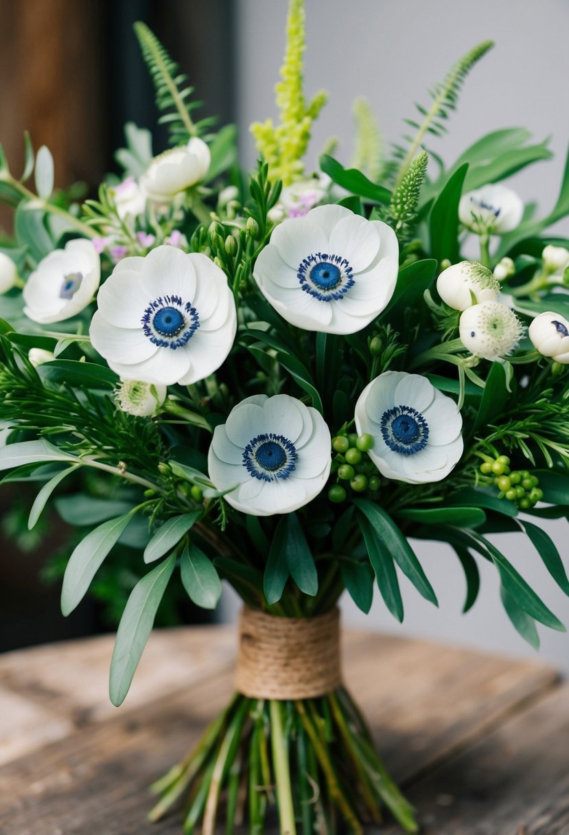 A lush bouquet of anemones and greenery arranged in a rustic, wildflower style