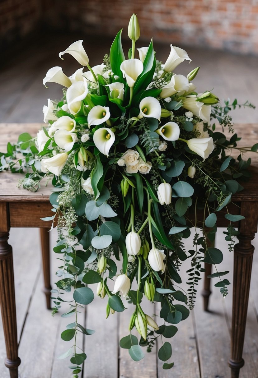 A cascading bouquet of calla lilies, tulips, and eucalyptus spills over a vintage wooden table, creating a lush and romantic wedding centerpiece