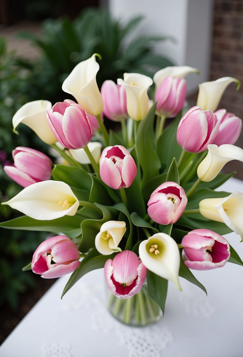 Pink tulips and cream calla lilies arranged in a delicate wedding bouquet