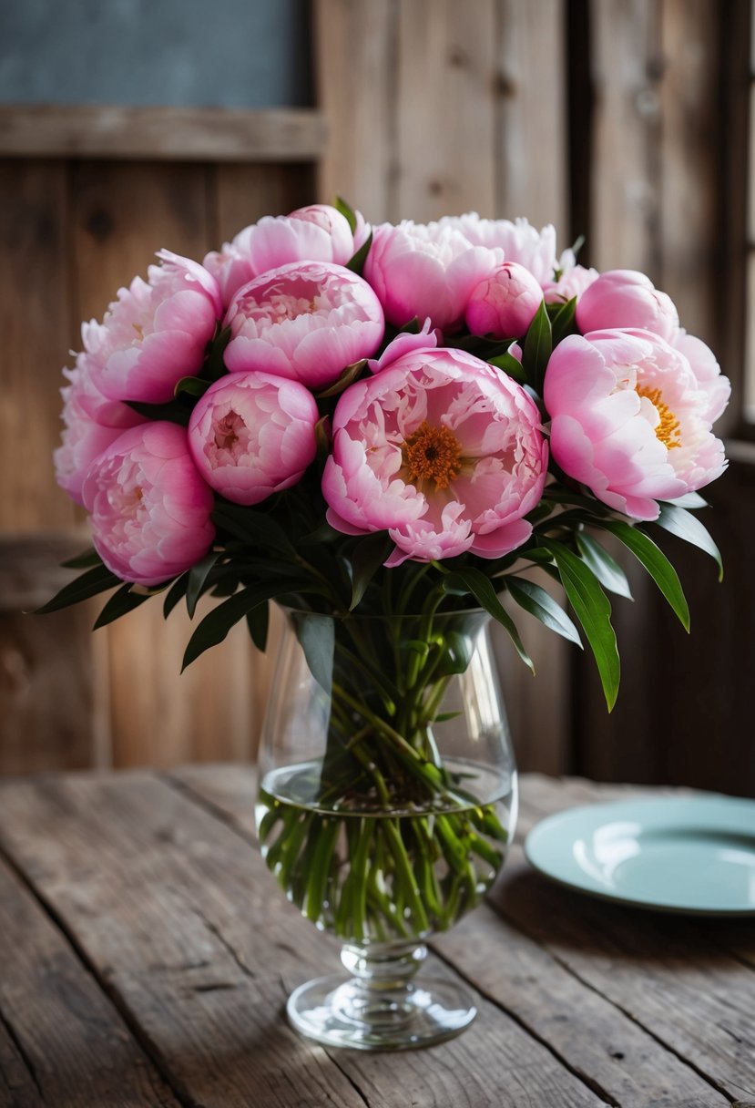 A lush arrangement of pink peonies in a glass vase on a rustic wooden table