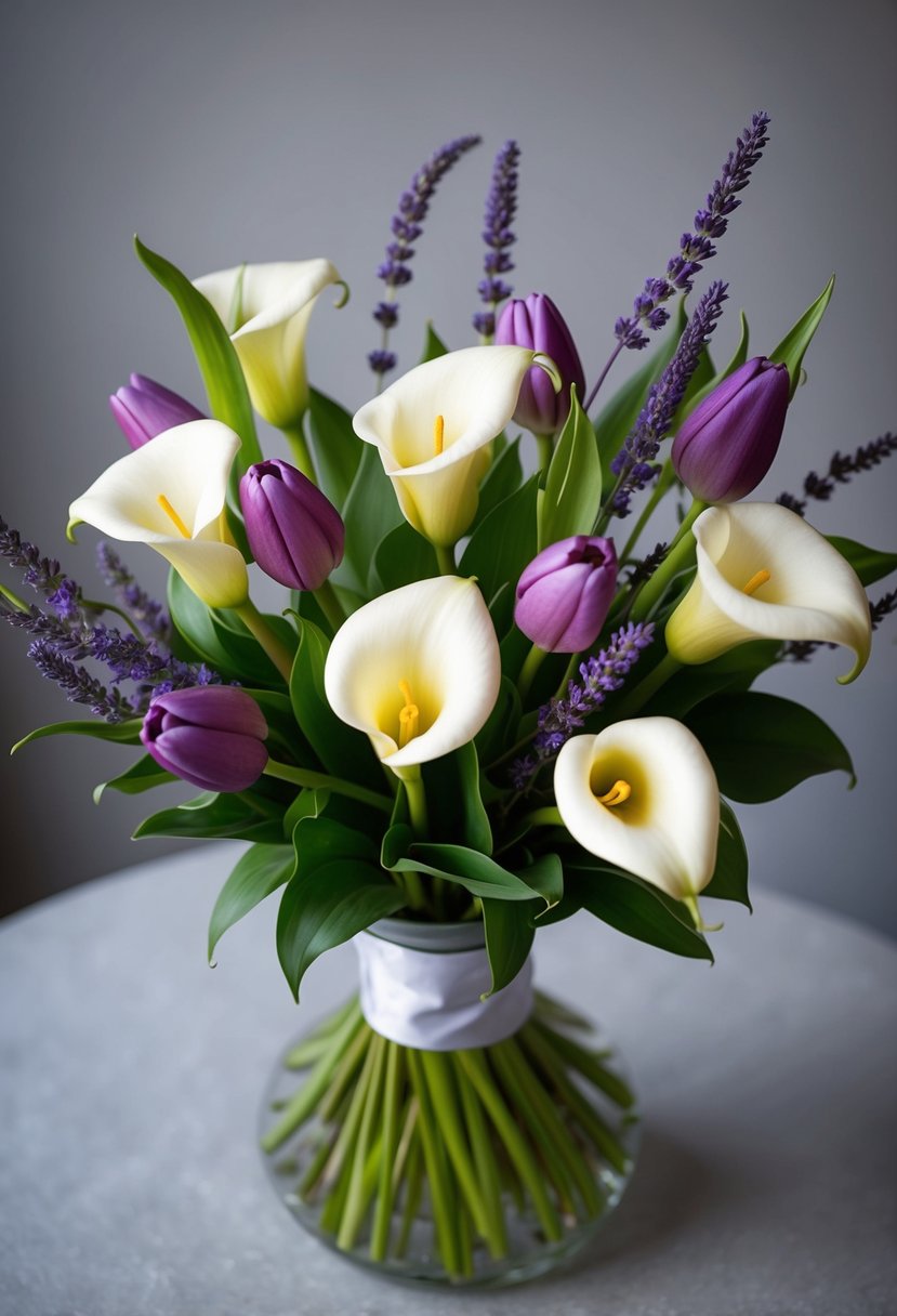 A bouquet of calla lilies and tulips, accented with fragrant lavender sprigs, arranged in a delicate and elegant composition