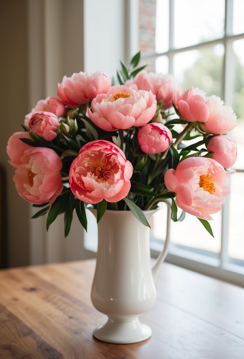 A vase of coral and pink peonies arranged in a simple and elegant wedding bouquet