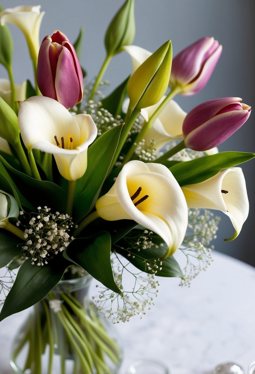 A bouquet of calla lilies and tulips, accented with baby's breath, exudes delicate elegance