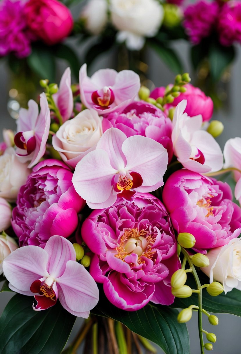 Lush pink peonies and delicate orchids arranged in a vibrant wedding bouquet