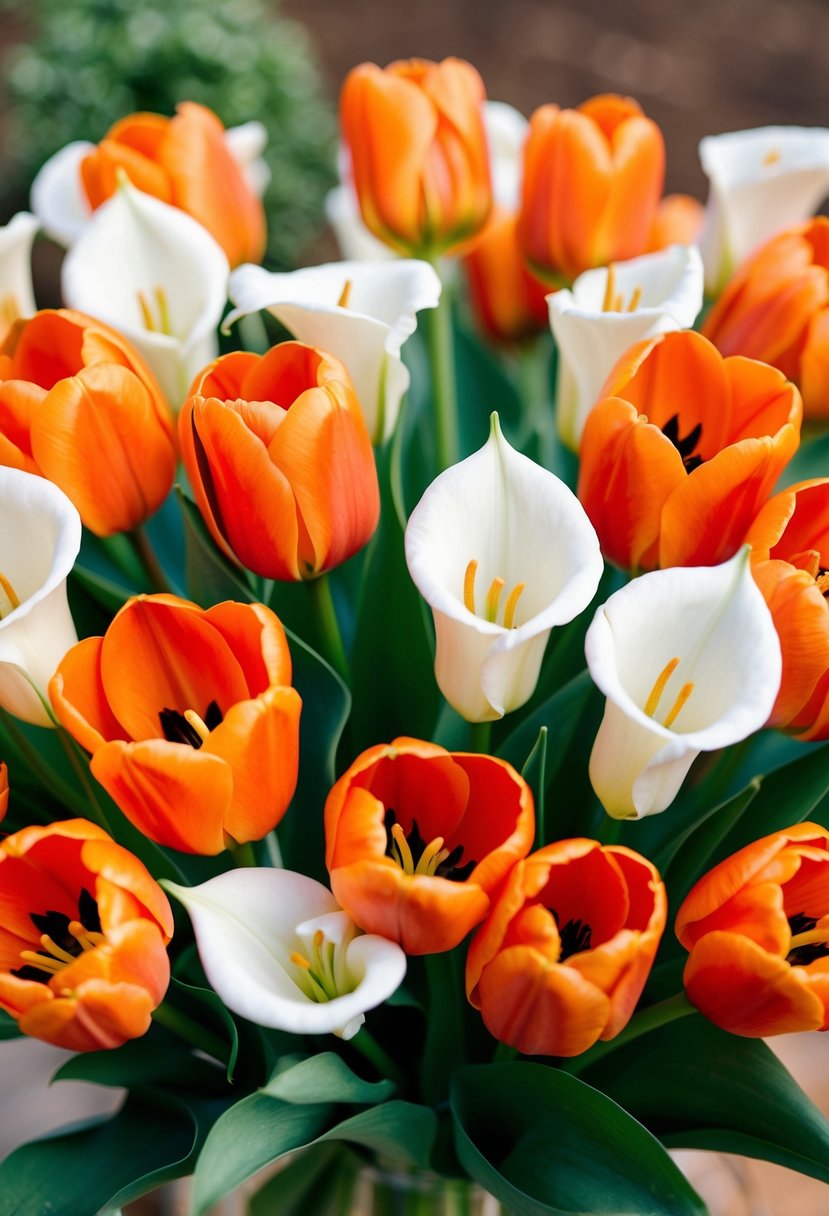 Vibrant orange tulips and white calla lilies arranged in a bold wedding bouquet