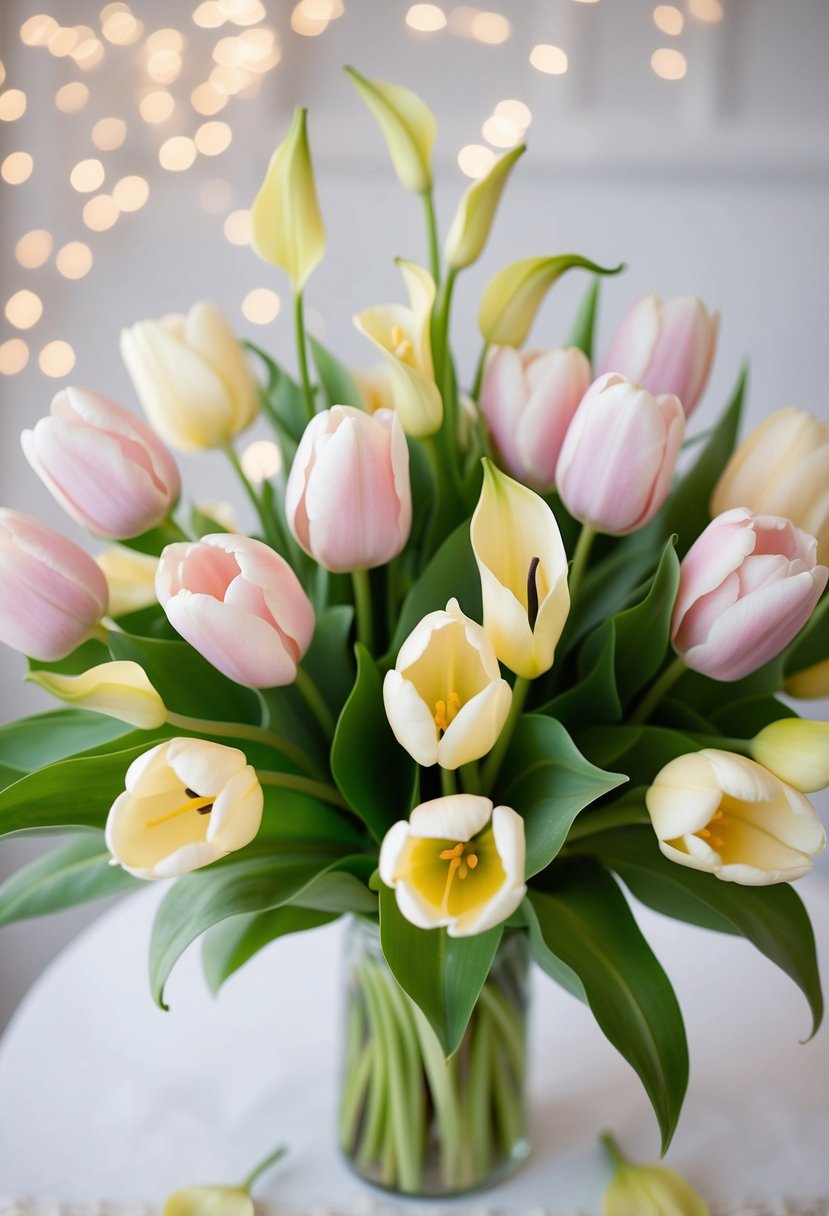 Soft pastel tulips and calla lilies arranged in a vintage-inspired wedding bouquet