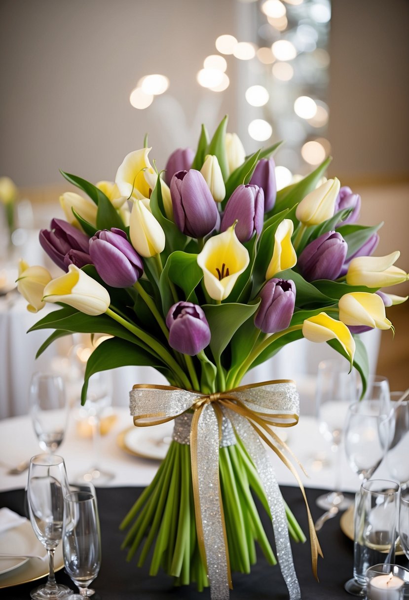 A bouquet of tulips and calla lilies tied with silver and gold ribbons for a glamorous wedding display